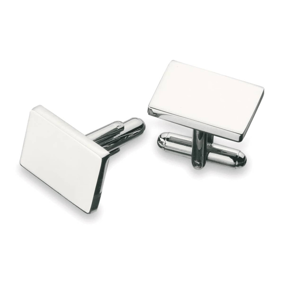 A pair of plain rectangular cufflinks in silver with a white finish. They feature a logo on one side.