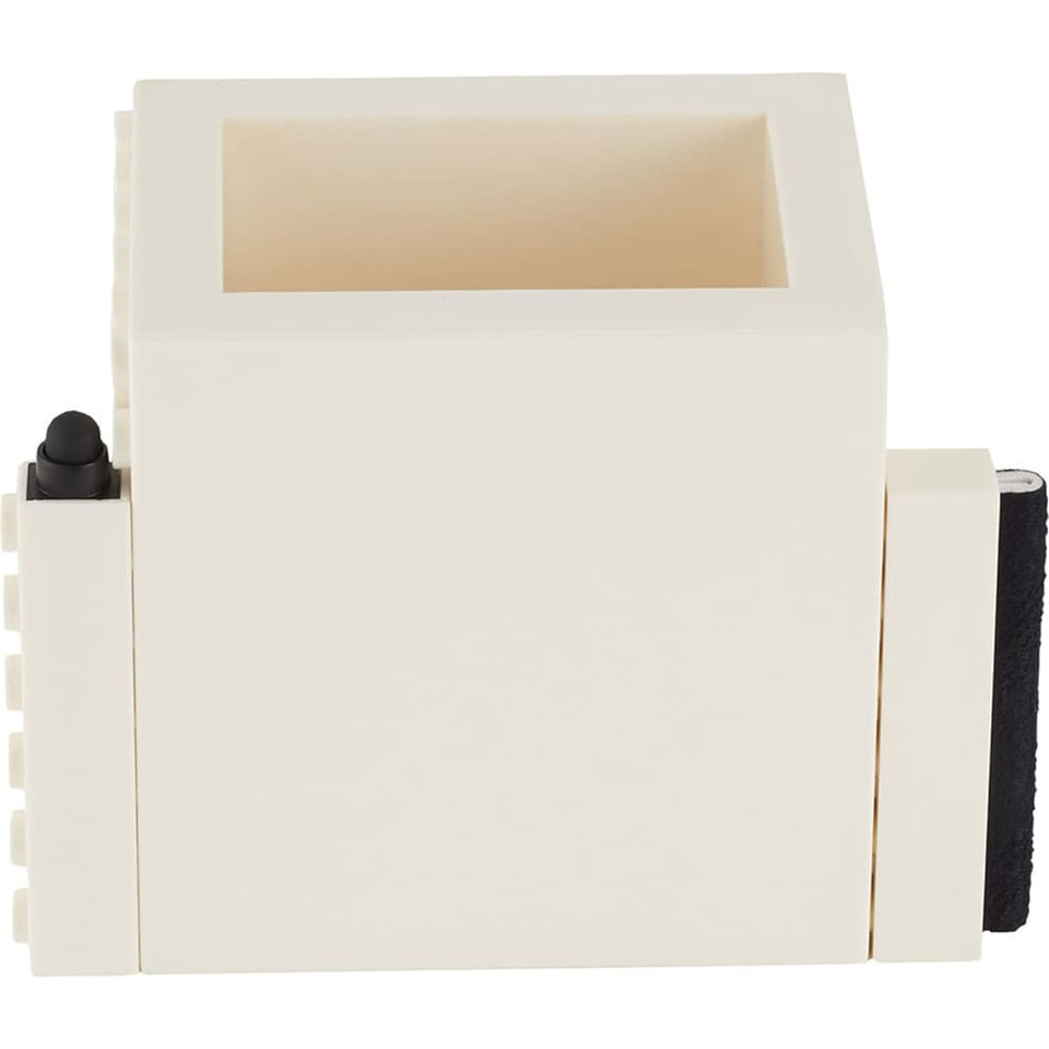 A square white pen pot with a textured side and a small black clip, featuring a logo on the side.