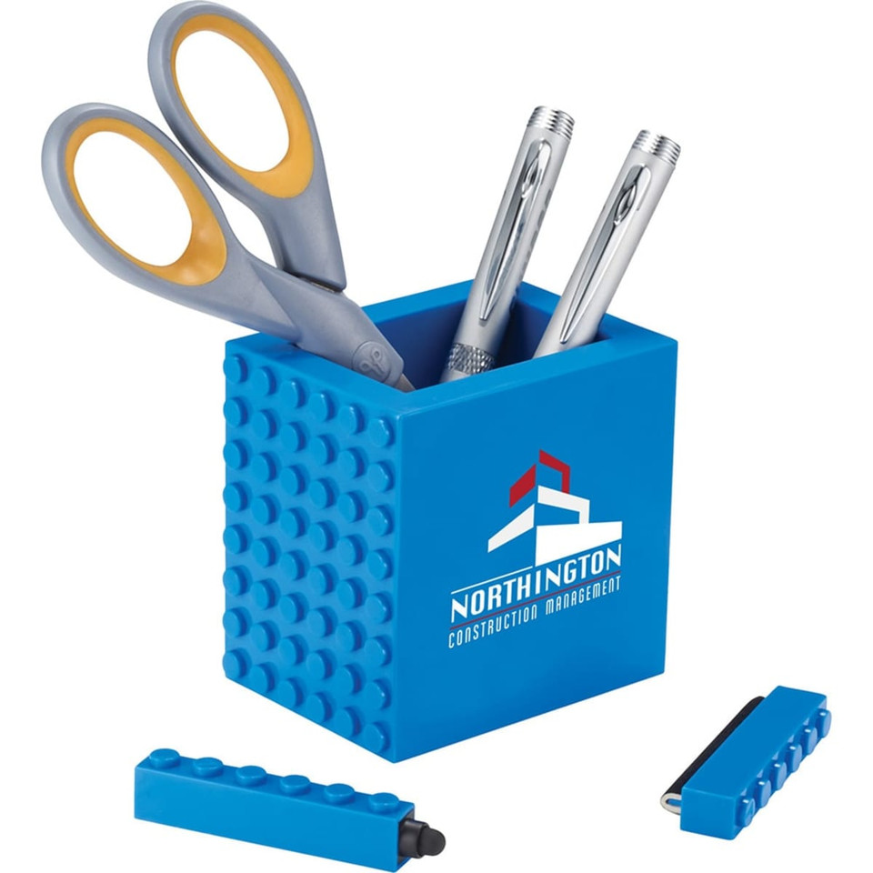 A blue pen pot containing scissors, pens, and a highlighter, with a branding logo displayed.