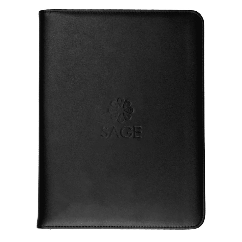 A black recycled A4 zip portfolio with a logo embossed on the front.