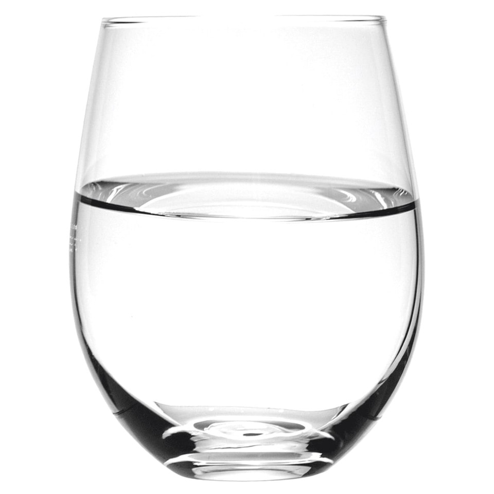 A stemless wine glass, crafted from clear glass, filled with water, showcasing its elegant, curved design.