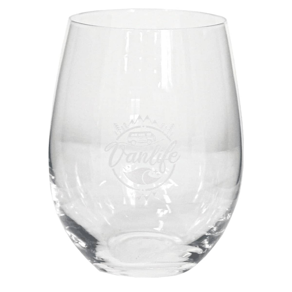 A stemless wine glass in clear glass, featuring an engraved logo or branding design.
