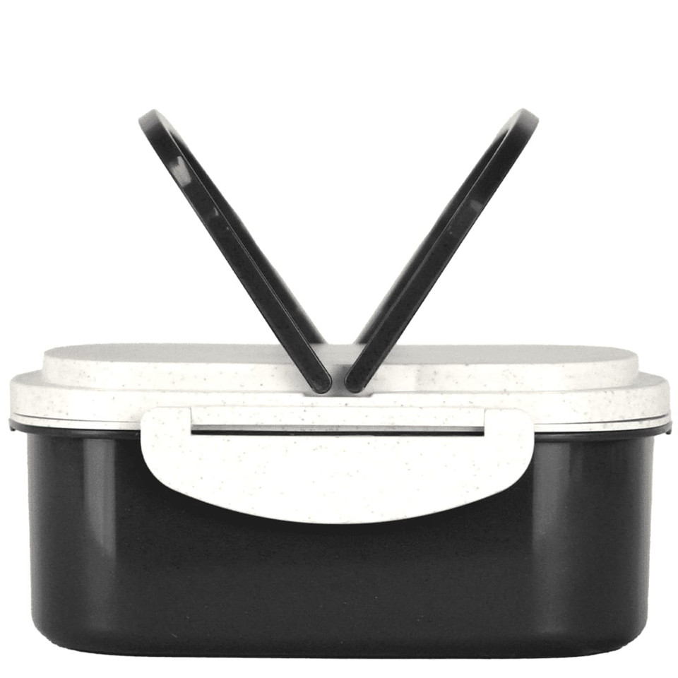 A plastic and wheat straw lunch box in black with a light grey lid and black handles, featuring a logo.