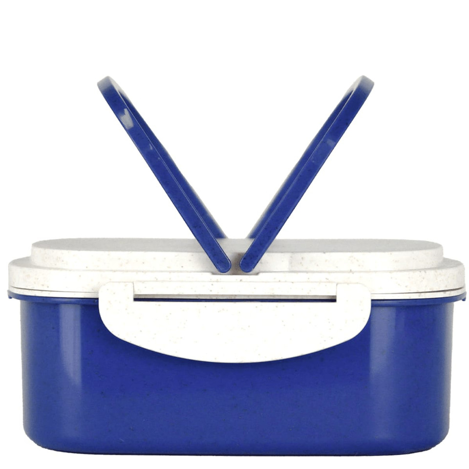A blue lunch box made from plastic and wheat straw, featuring a white lid and handle, with two open lids.