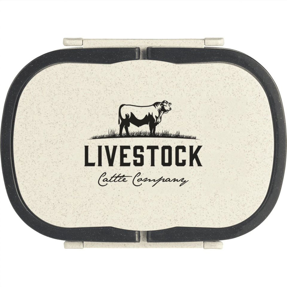 A cream lunch box with a black lid and an embossed logo featuring a cow and text branding.