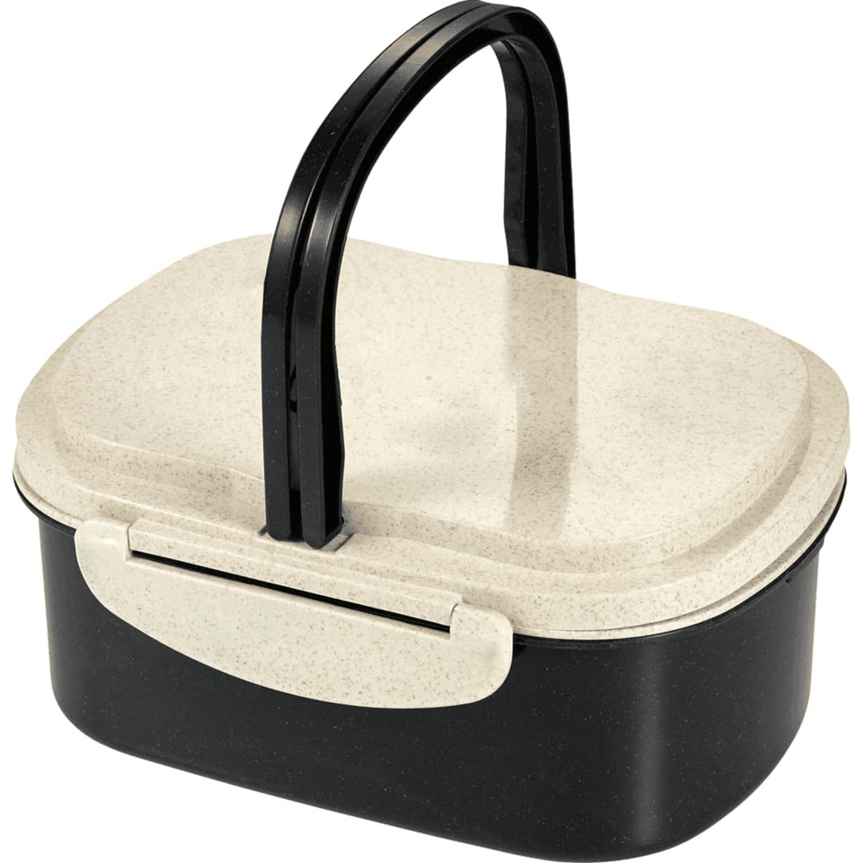 A plastic and wheat straw lunch box in black and cream, featuring a handle for easy carrying.