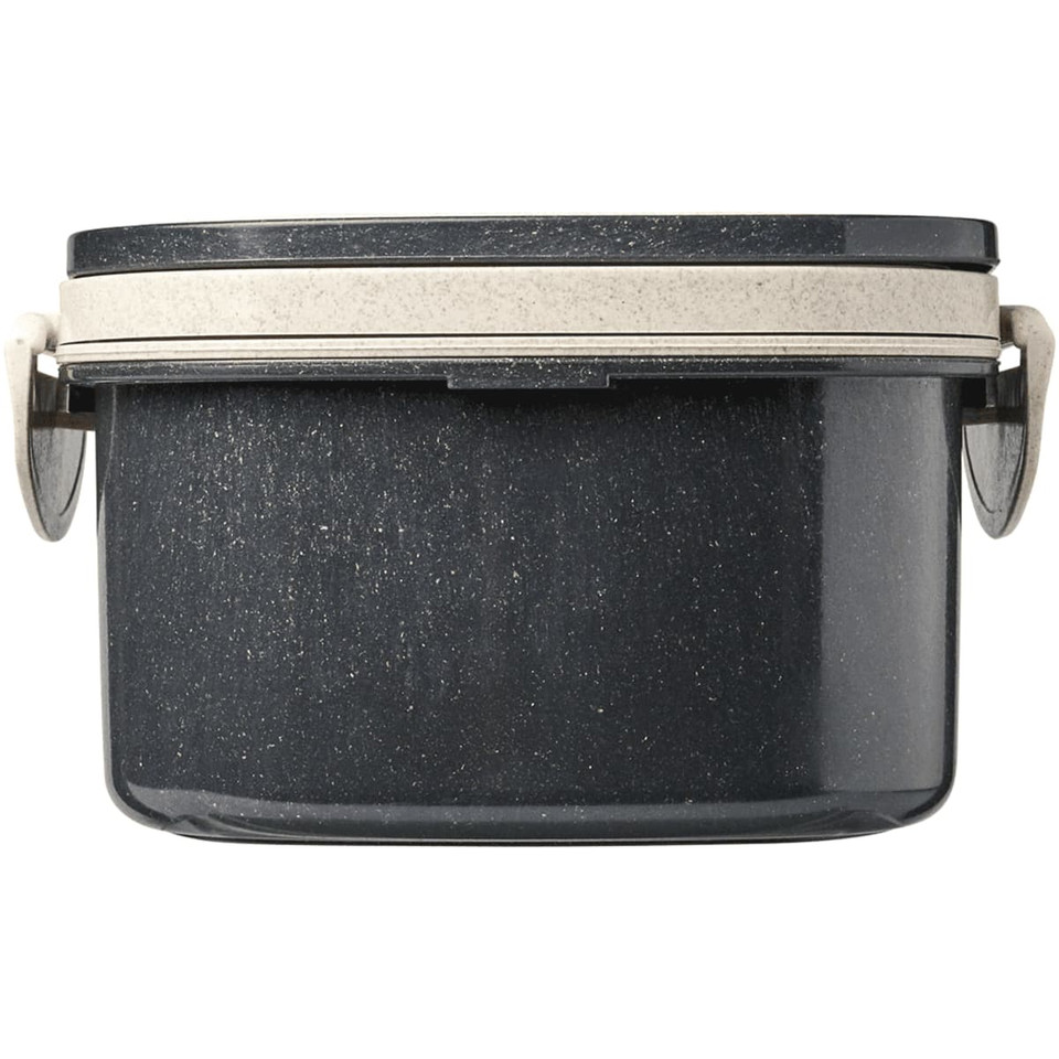 A plastic and wheat straw lunch box in black, featuring a secure lid and clip fasteners.
