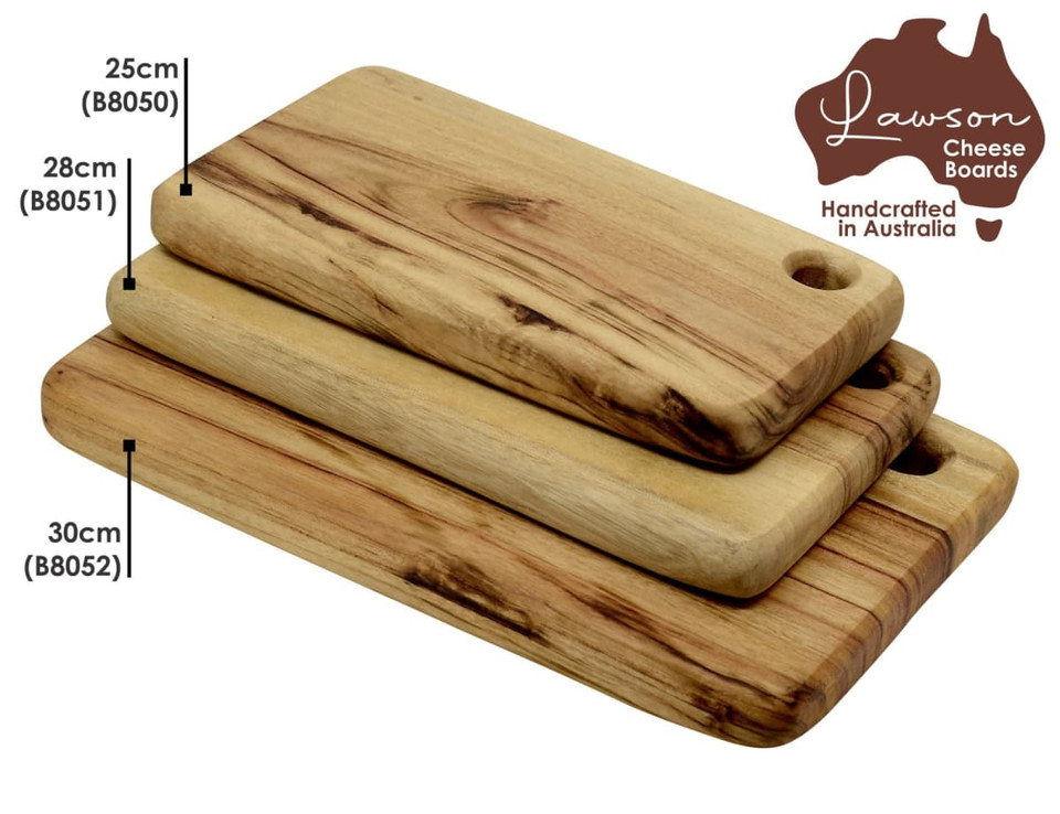 A set of three rustic wooden cheese boards in varying sizes; a 30cm board is featured prominently.