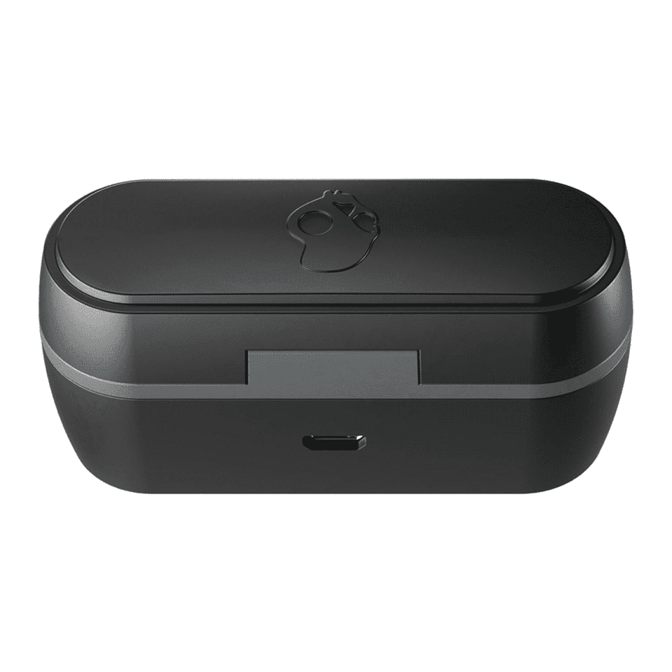 A black charging case for Skullcandy Jib True 2 earbuds featuring a logo. It includes a USB-C port.