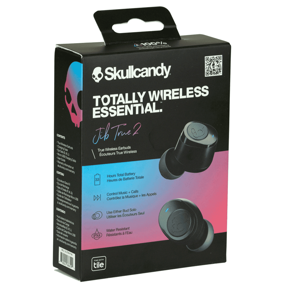A box of Skullcandy Jib True 2 earbuds in black with a logo, featuring details about battery and controls.