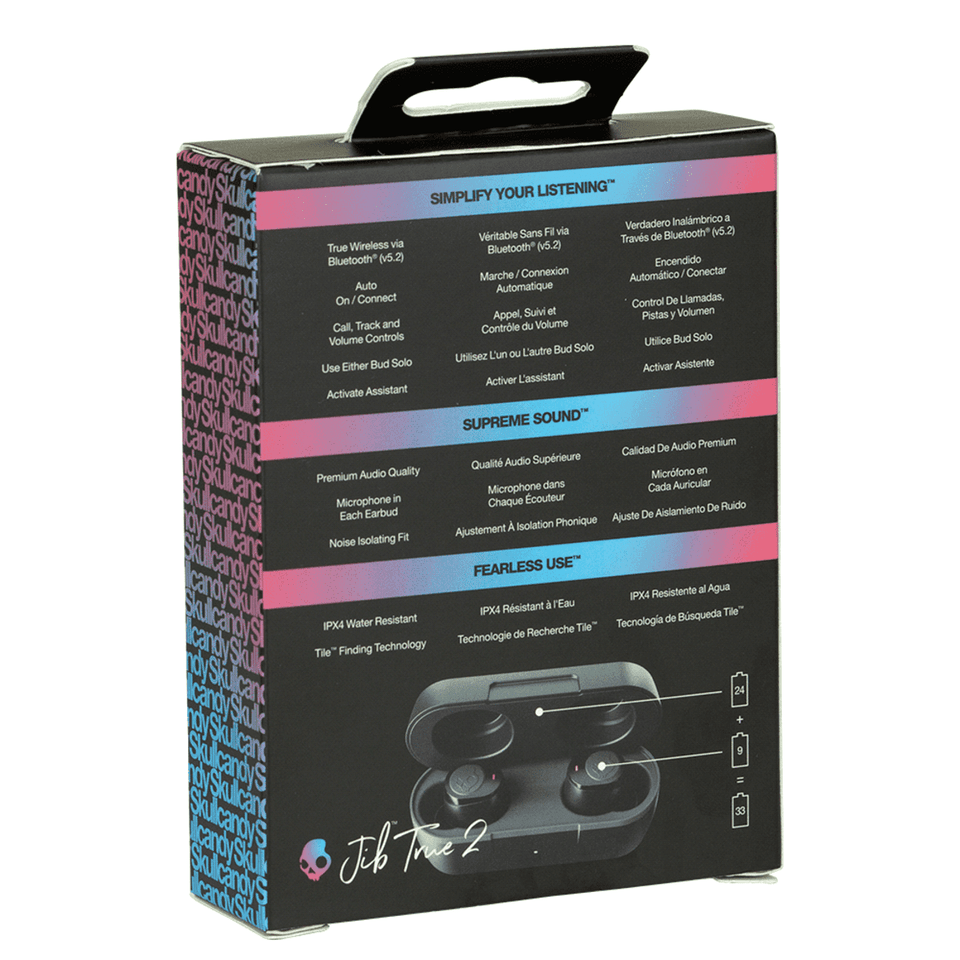 A box of Skullcandy Jib True 2 earbuds, featuring a sleek design in black and vibrant accents, with a logo.