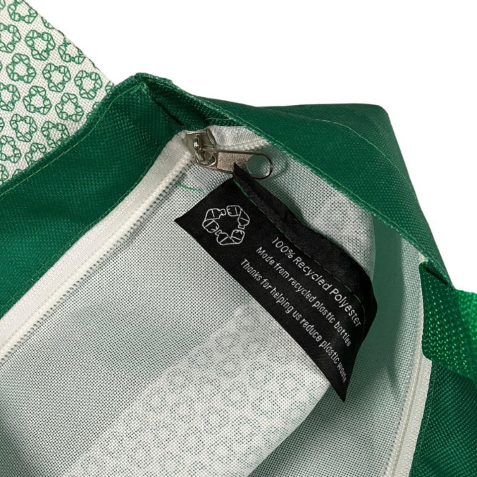 Green eco-friendly bag made from 100% recycled polyester.