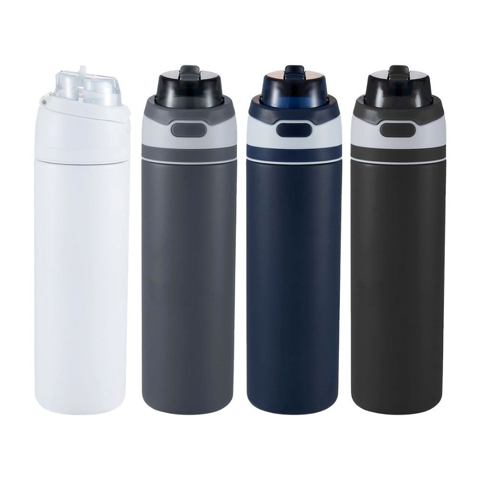Four insulated water bottles in various colors: white, dark gray, navy blue, and black, showcasing a sleek design and easy-open lids.