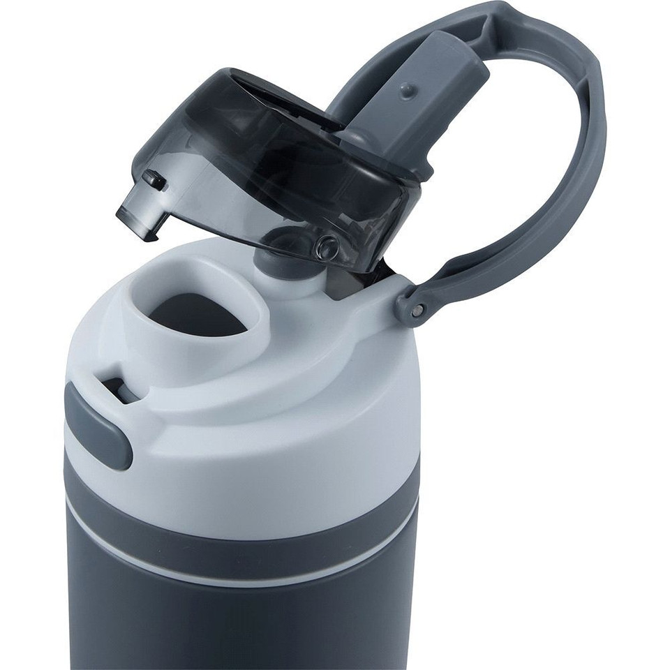 Gray and white insulated water bottle with a flip-top lid and a carrying handle, designed for easy hydration on the go.