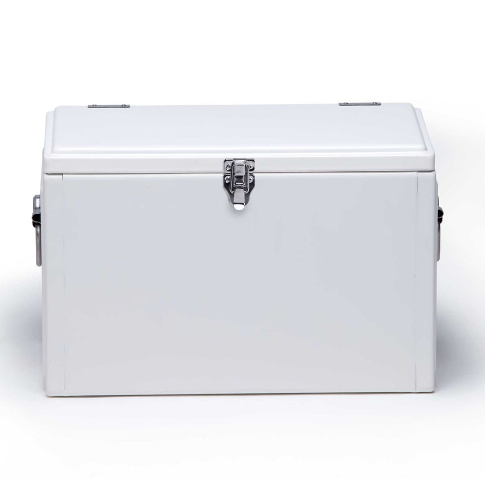 A white cooler box with a metal latch and handles, featuring a simple design and a logo.