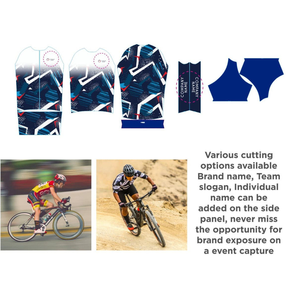 Unisex cycling jersey with sublimated stand collar and raglan short sleeves, featuring vibrant blue and white designs.