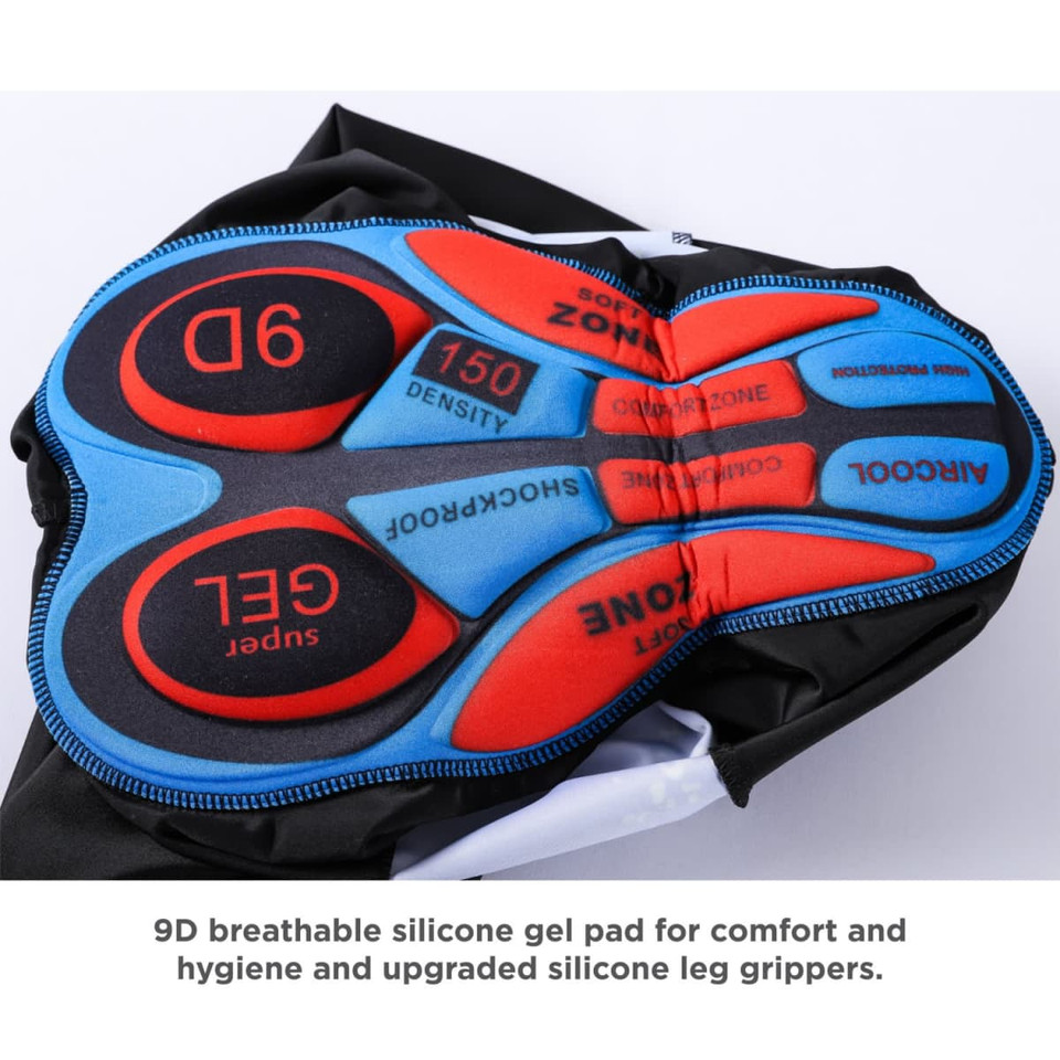 A padded cycling bib short featuring a 9D breathable silicone gel pad in blue and red for comfort and hygiene.