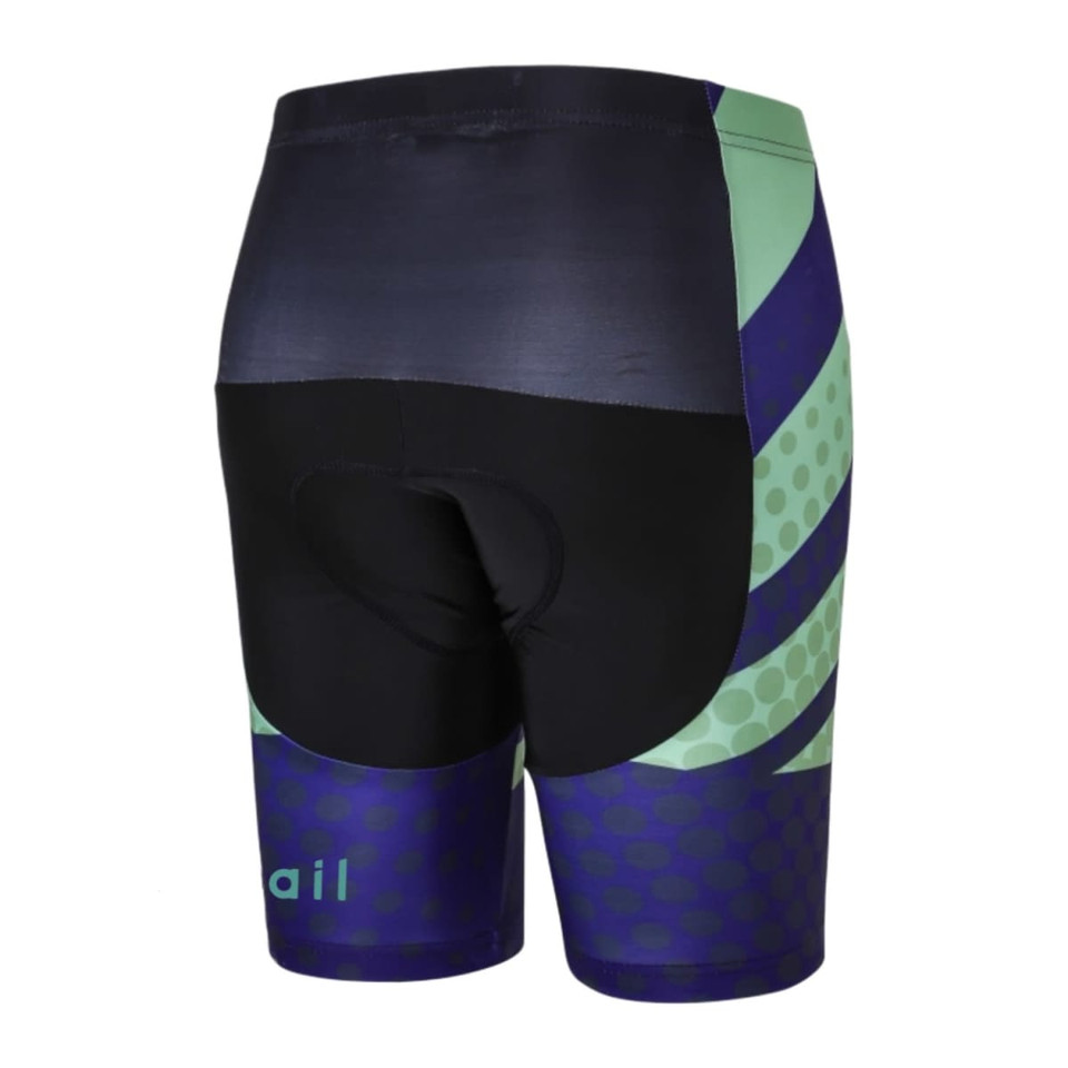 Men's sublimated cycling shorts featuring a blend of navy blue, green, and black colours with a logo on the side.