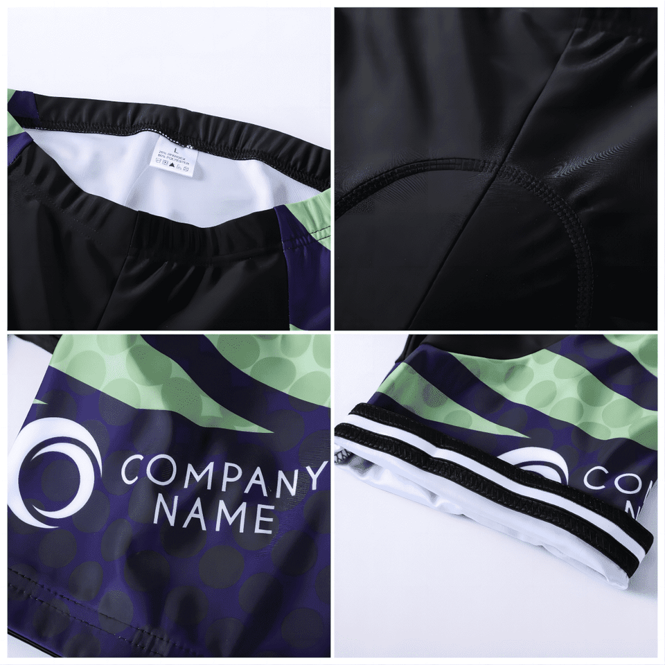 Men's sublimated cycling shorts featuring a black base with green and purple patterns, and a logo.