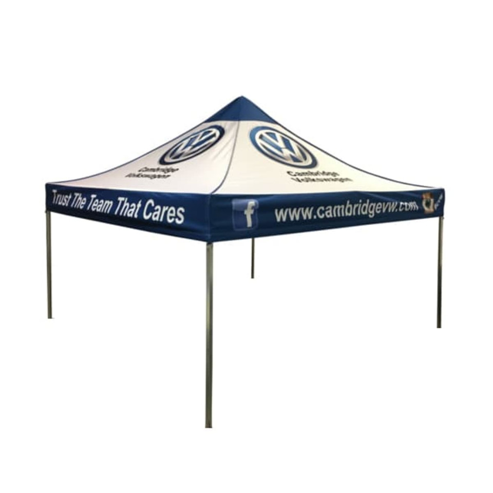 A 3x3m marquee with a blue and white colour scheme, featuring a logo on the top and sides.