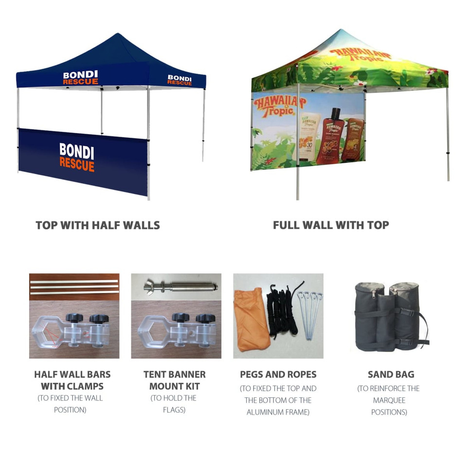 A 3x3m marquee is depicted, with one design featuring half walls in blue and another with a full wall in green.