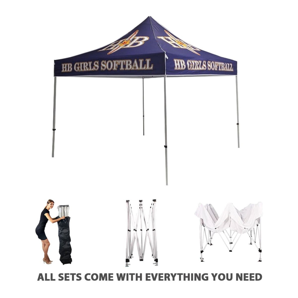 A 3x3m regular marquee with a dark blue canopy and a logo, featuring extendable legs and accessories for setup.