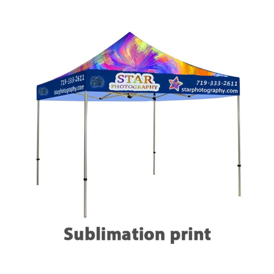 A 3x3m promotional marquee featuring a vibrant blue and multicolour design, with a logo and contact information.