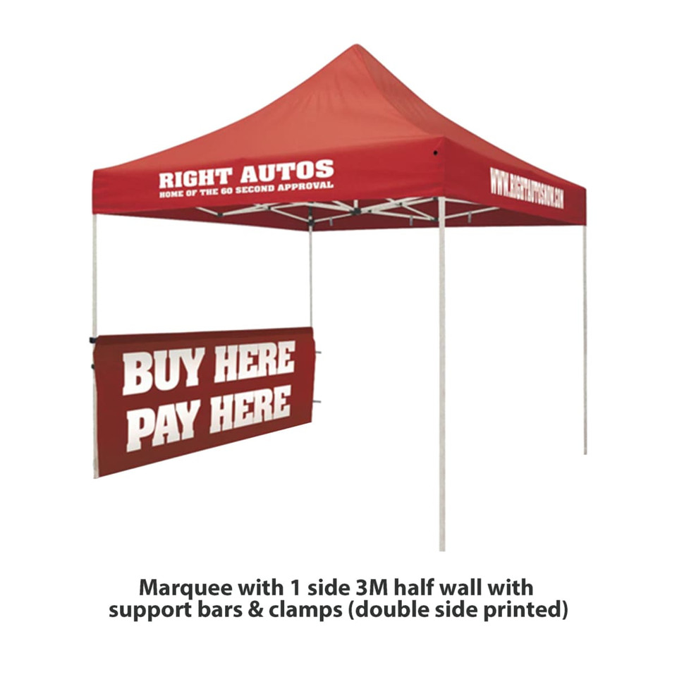 A red marquee with a half wall, featuring support bars and clamps, includes printed branding.
