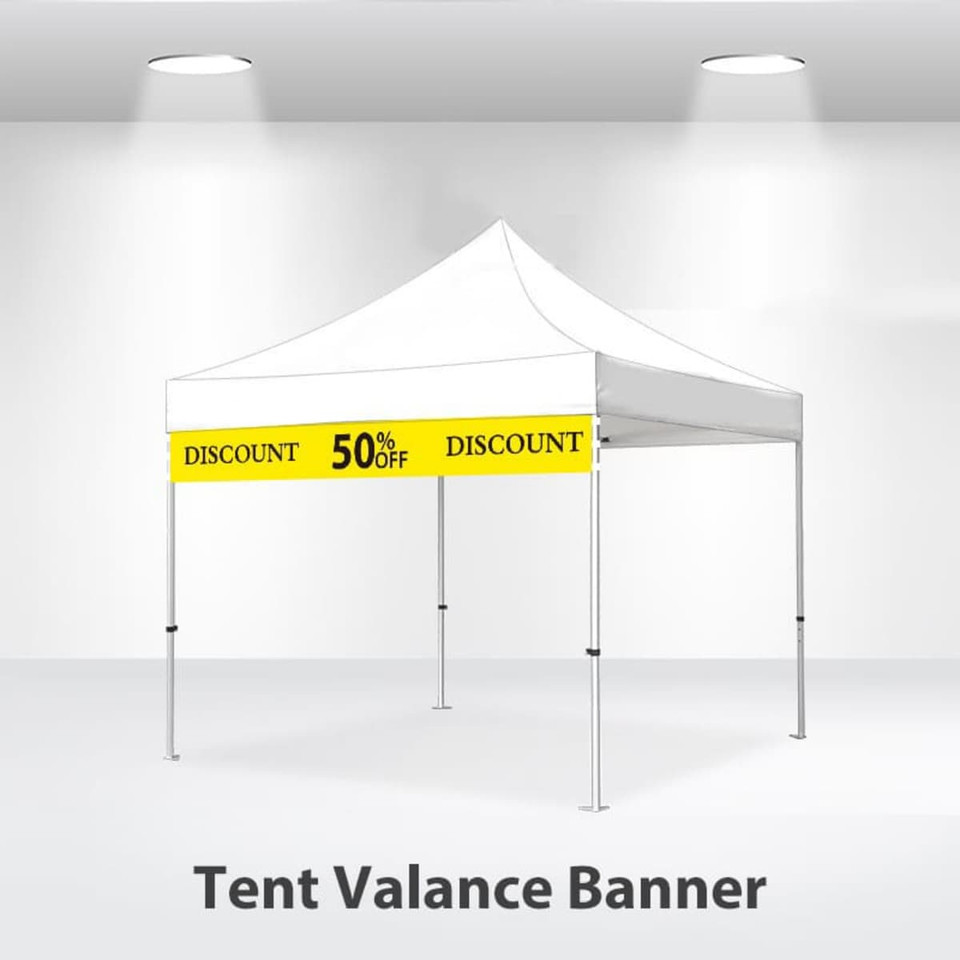 A white 3x3m marquee tent with a yellow valance banner displaying a discount, set against a neutral background.