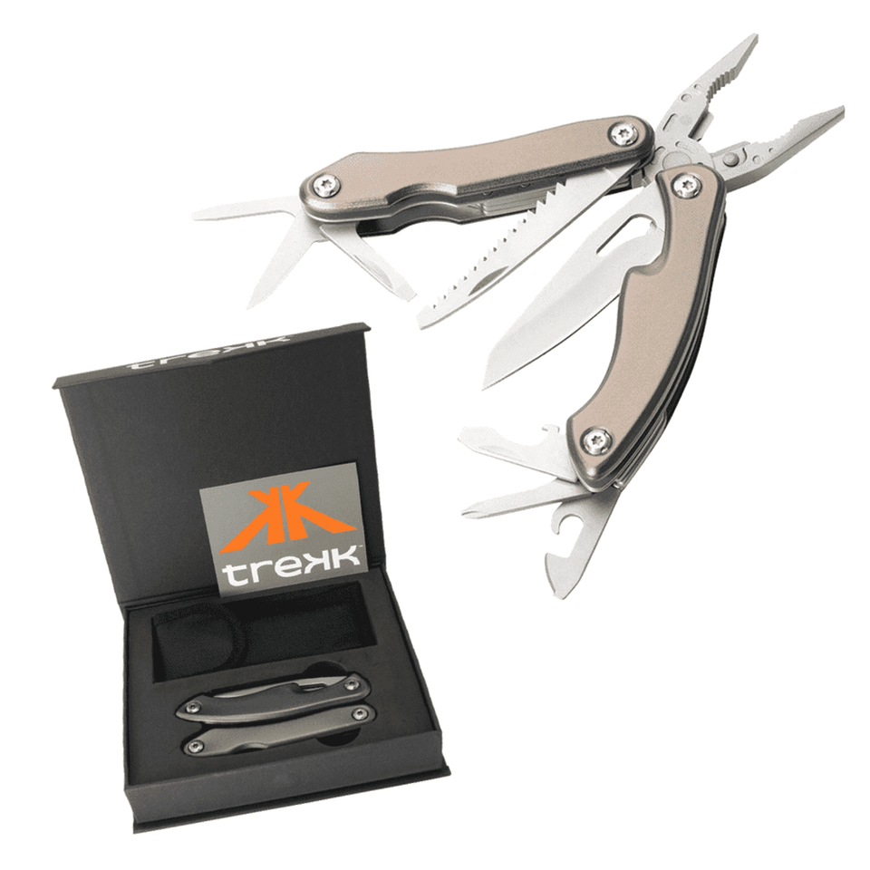A multi-tool with silver and grey tones, featuring various tools, displayed in a black box with a branded logo.