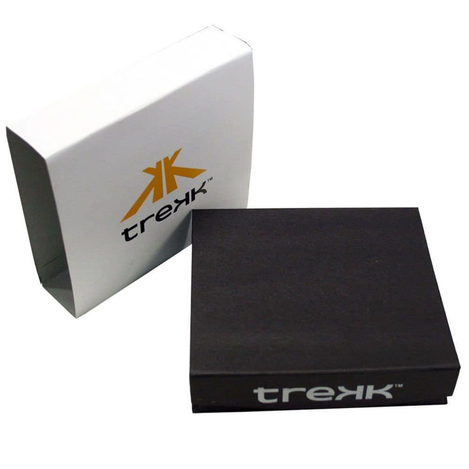 A black box displayed beside a white box featuring a logo, suitable for packaging the Trekk Deluxe Multi Tool.