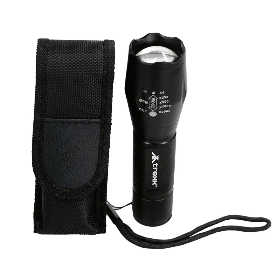A black Trekk 300 Lumens torch with a textured surface and a carrying pouch. The torch features a strap for convenience.