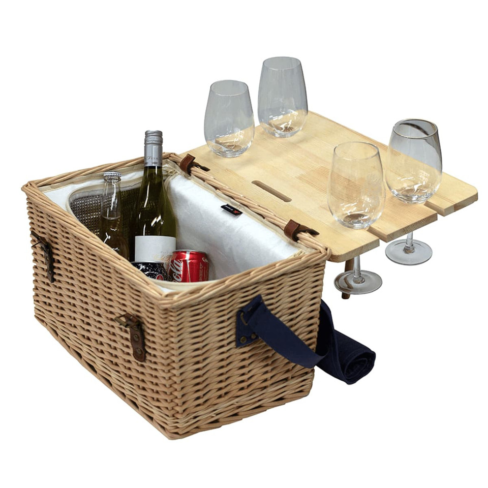 A wicker picnic basket with a wooden table attachment, two bottles, a can, and four glass tumblers.