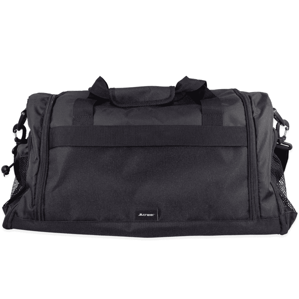 A black duffle bag with mesh pockets and dual handles, featuring a shoulder strap and branding.