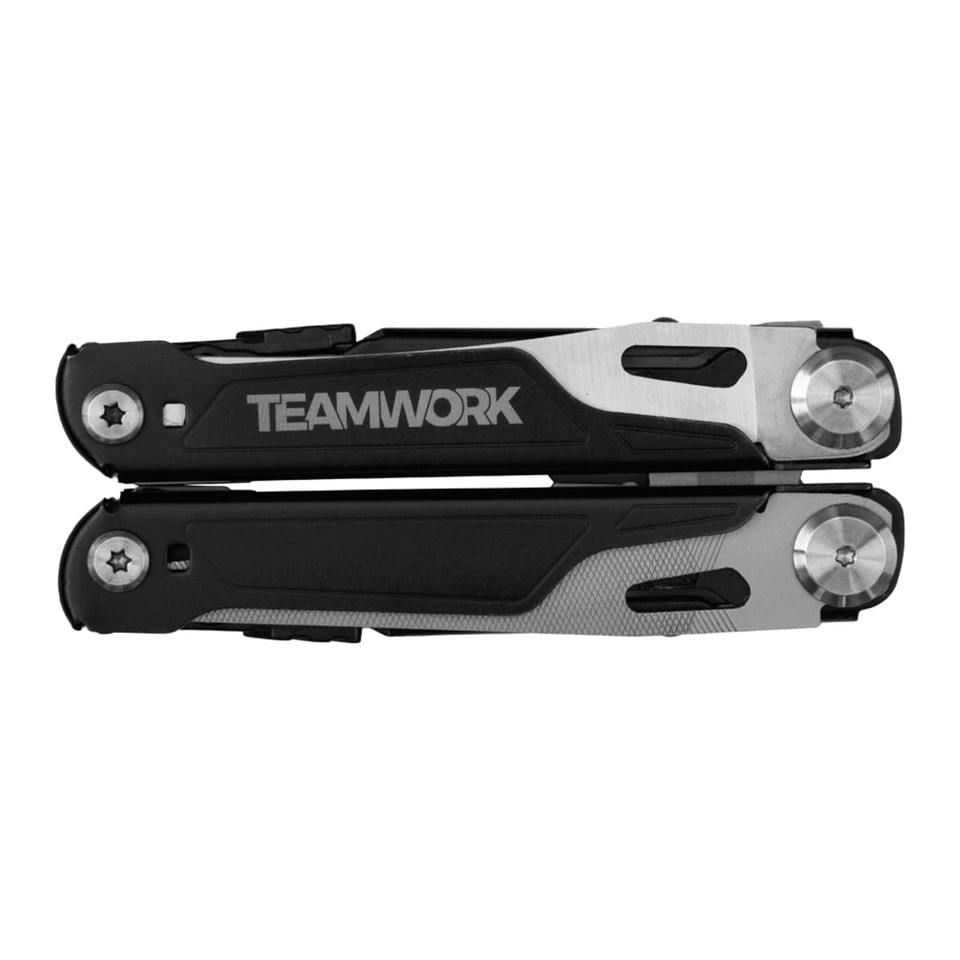 A black and silver multi-tool with a logo, featuring various tools in a compact design.