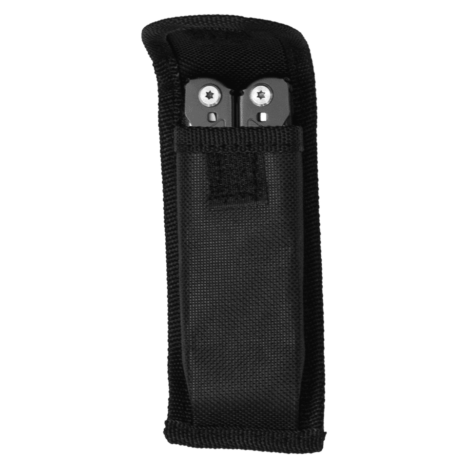 A black fabric pouch containing a multi-tool with visible stainless steel components. It features a logo on the pouch.