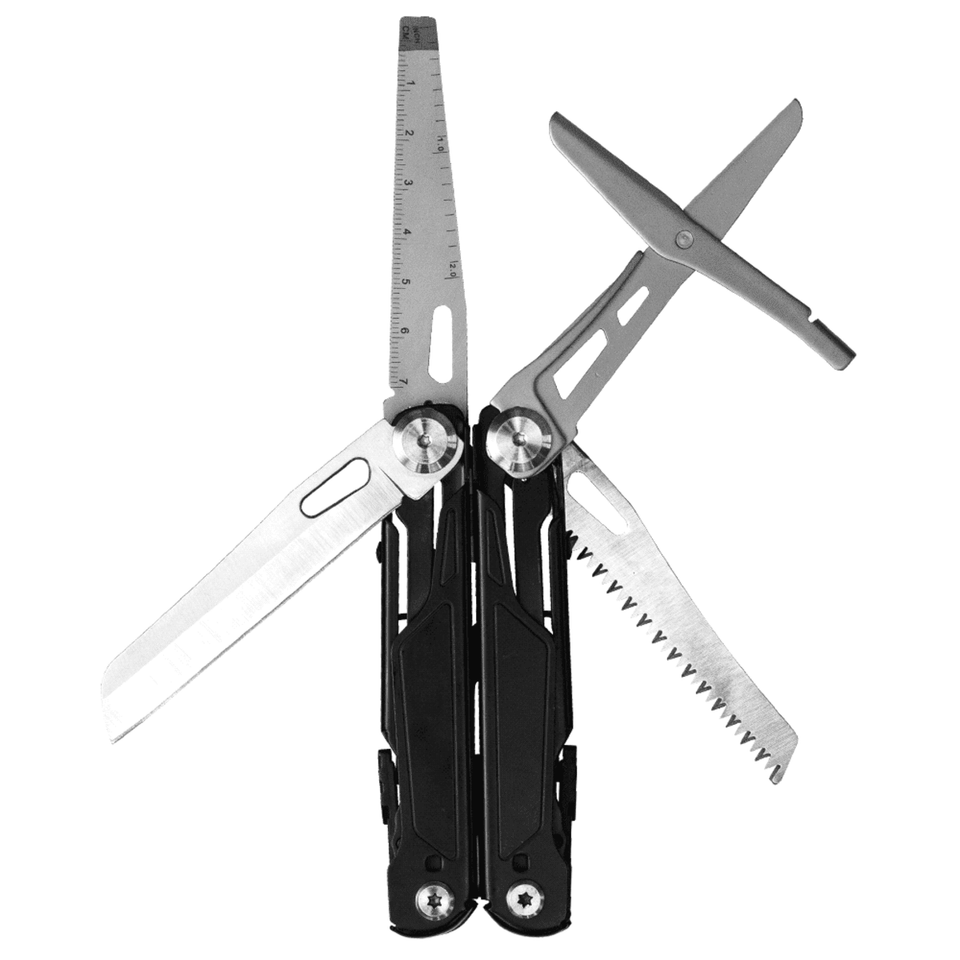 A black multi-tool featuring multiple blades, a ruler, and a saw, with a logo on the handle.