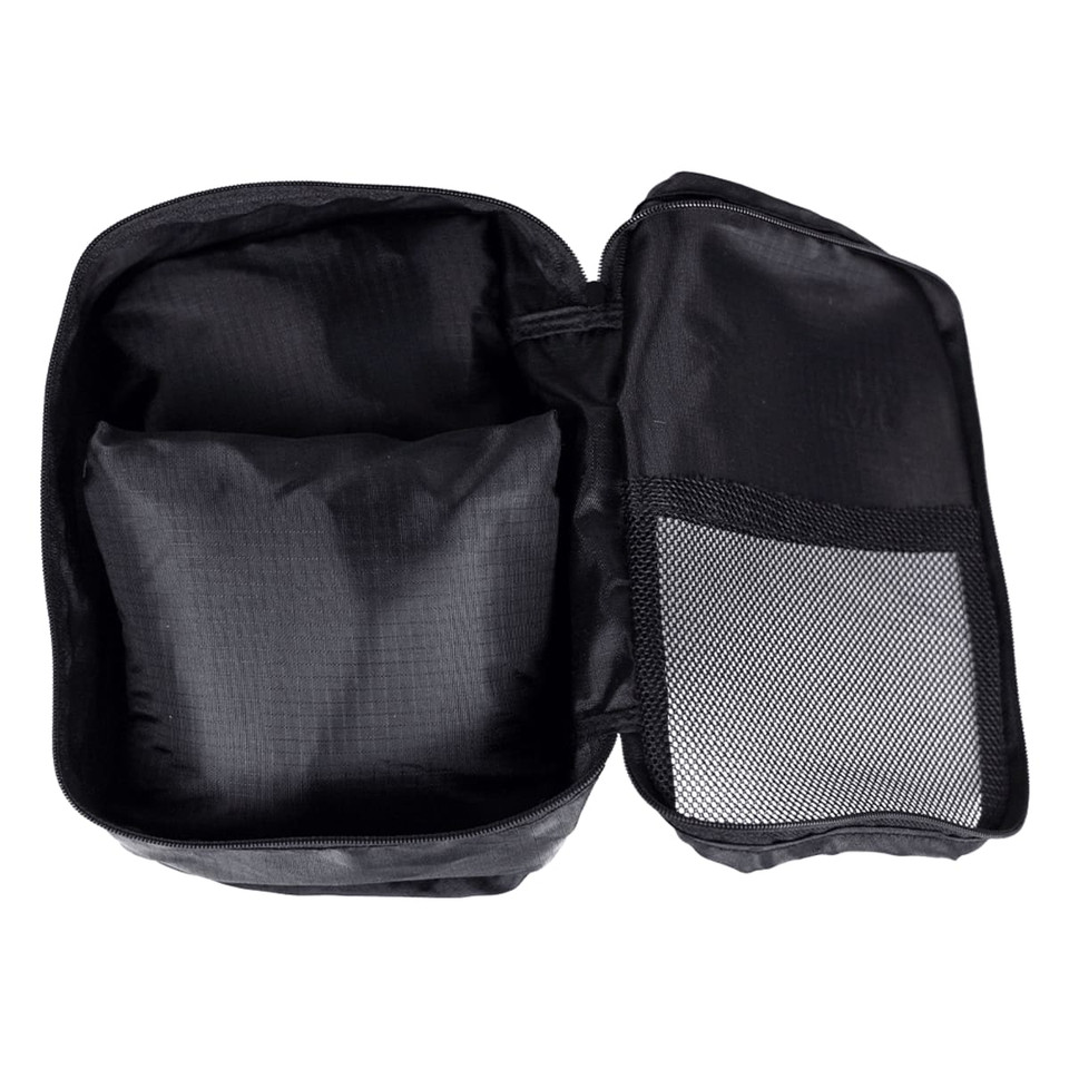 A set of three black packing cubes, featuring a spacious main compartment and a mesh pocket.