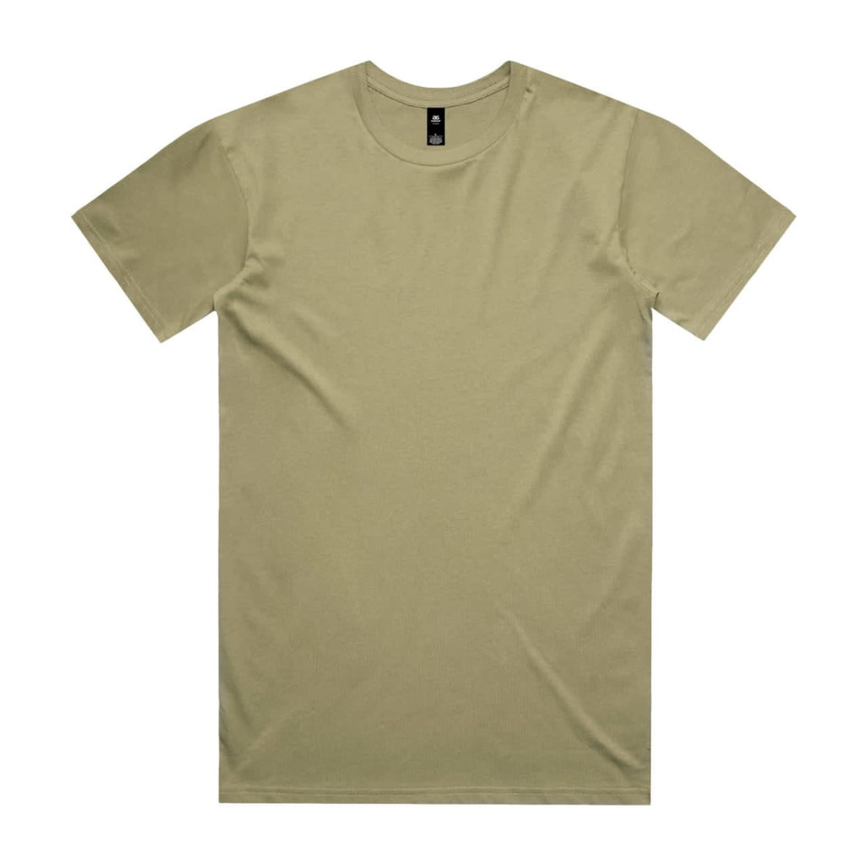 A khaki Staple Tee with a simple crew neckline, featuring a logo on the label.