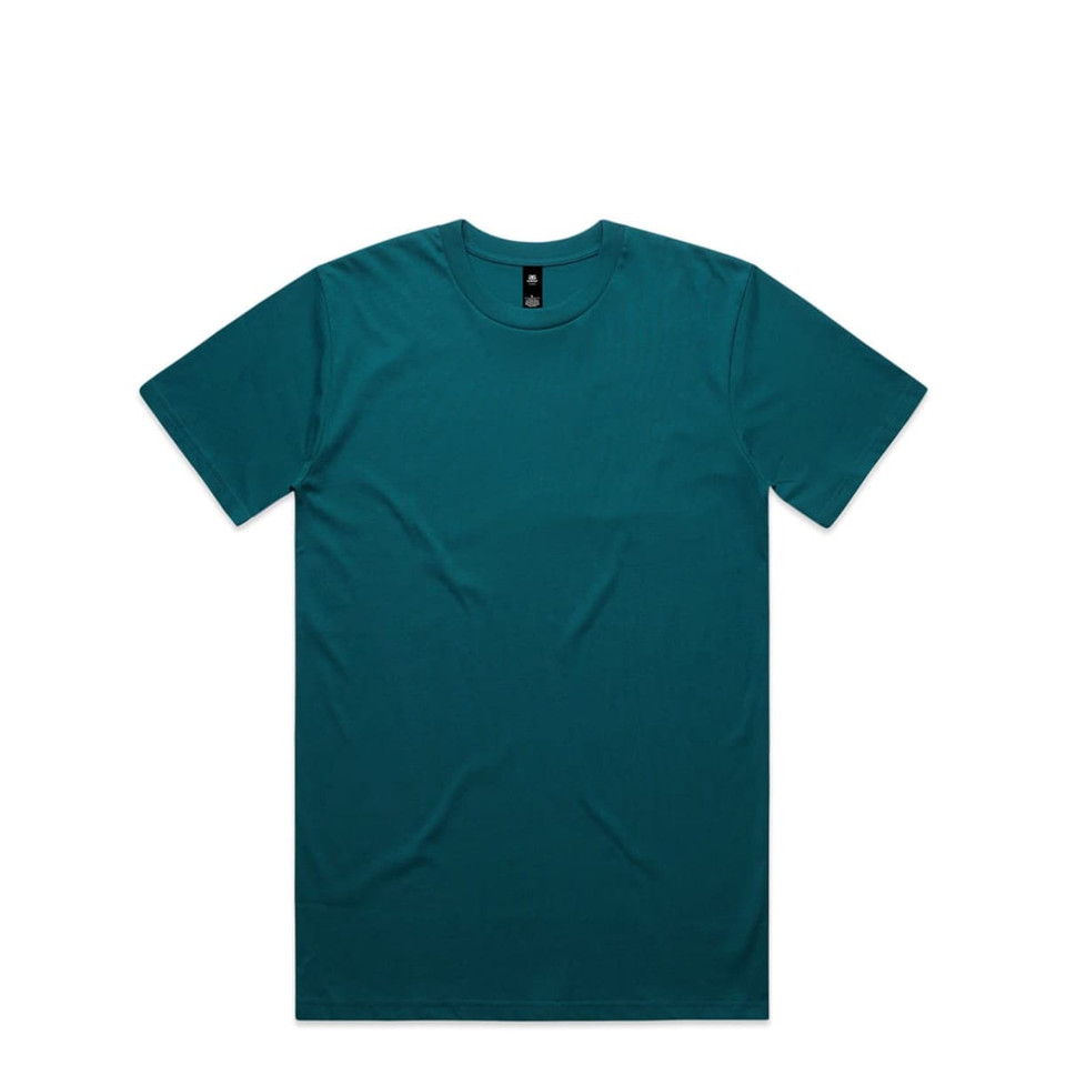 A teal T-shirt with a classic crew neck design and a tag label, featuring a logo.