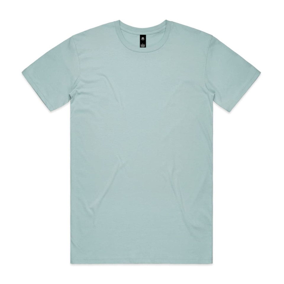 A light blue T-shirt featuring a round neck and short sleeves. It has a logo tag near the neckline.