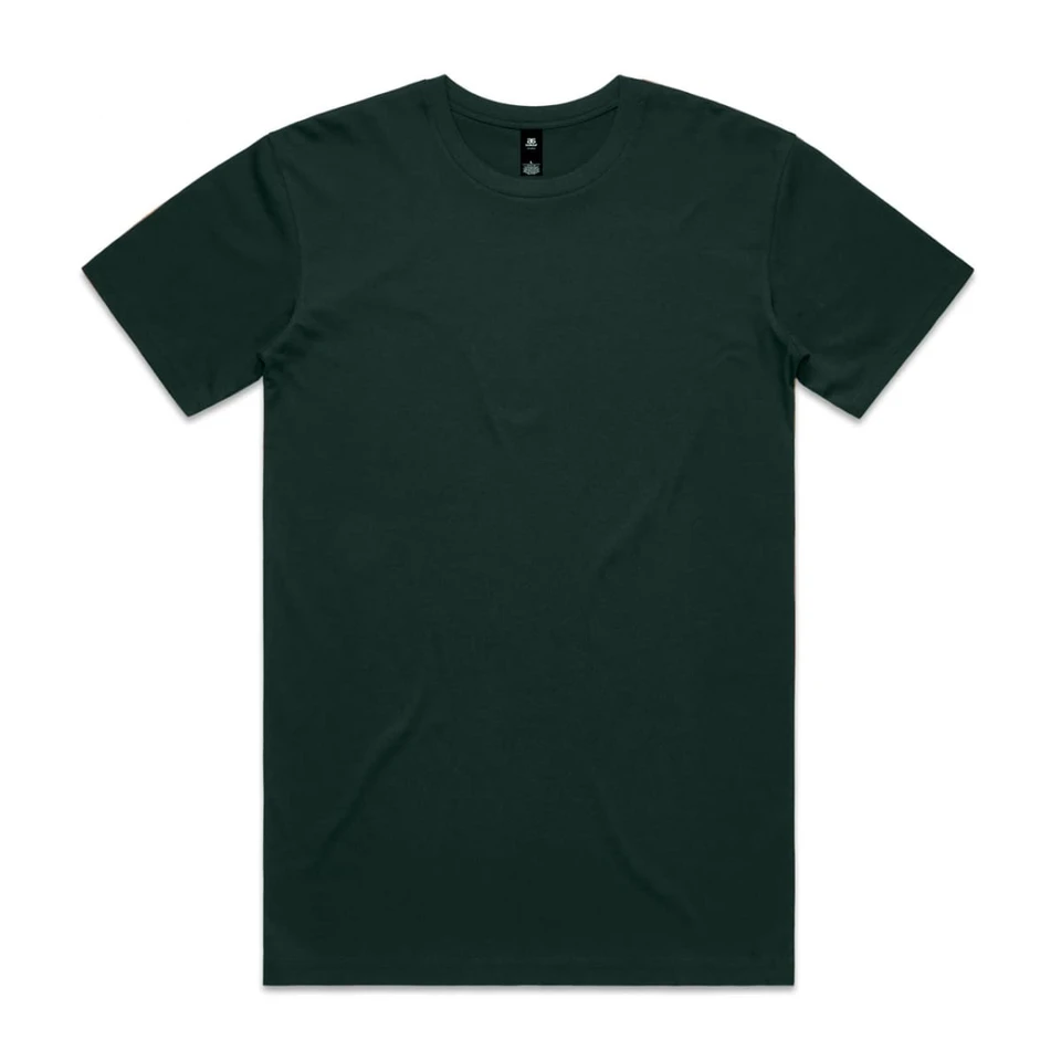 A dark green T-shirt with a classic cut, featuring a label and a simple design.
