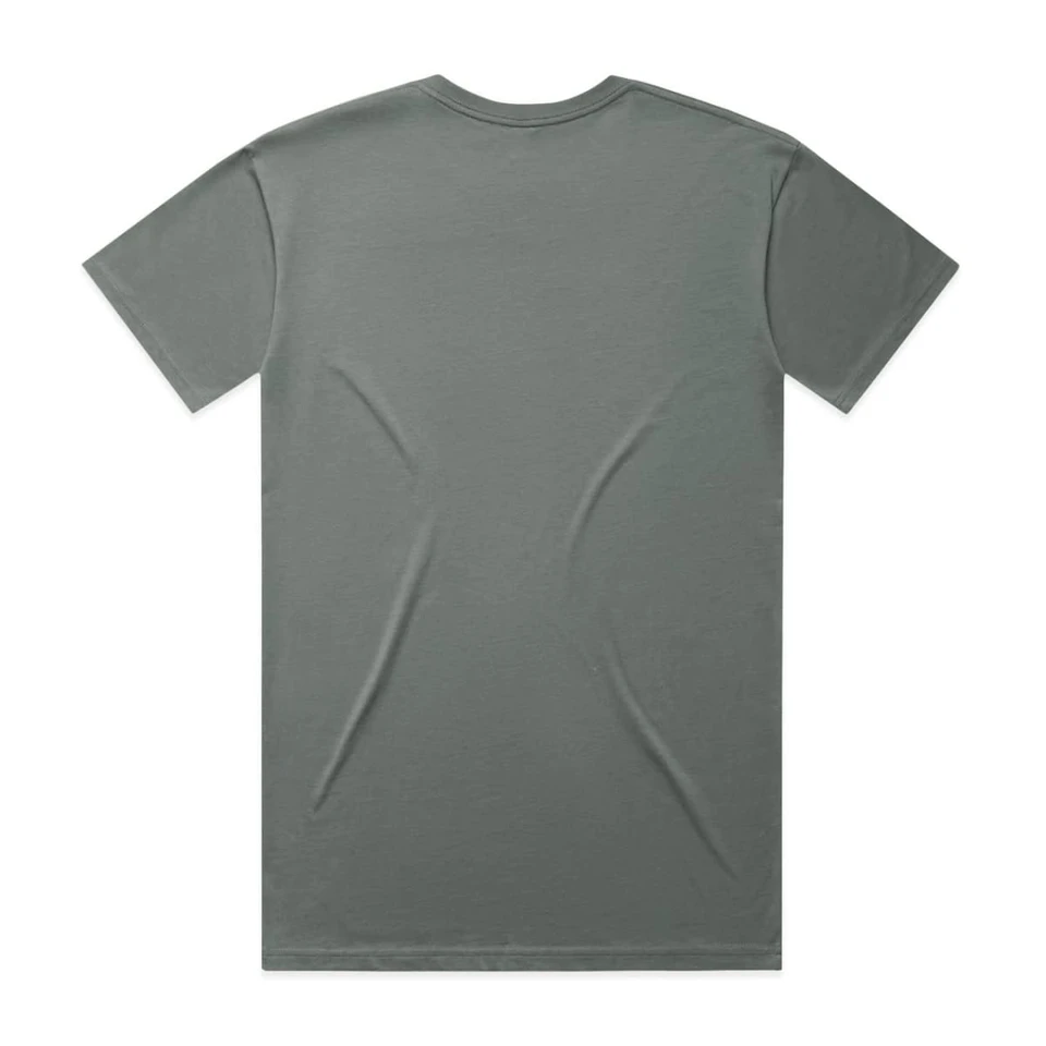 A grey T-shirt with a crew neck and short sleeves, featuring a plain back and a logo on the label.