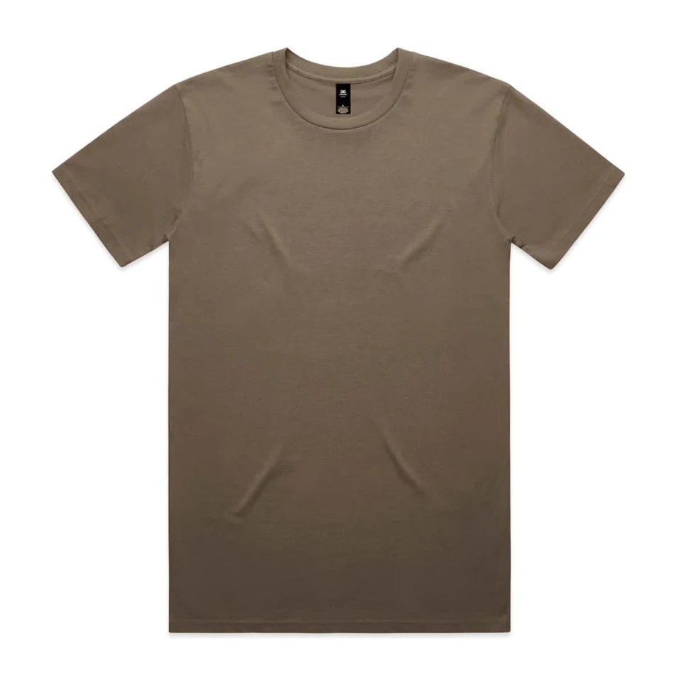 A brown t-shirt with a round neckline and short sleeves, featuring a label inside.