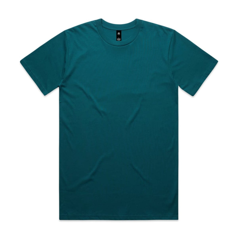 A teal t-shirt with a round neckline and short sleeves, featuring a branding label on the inside.