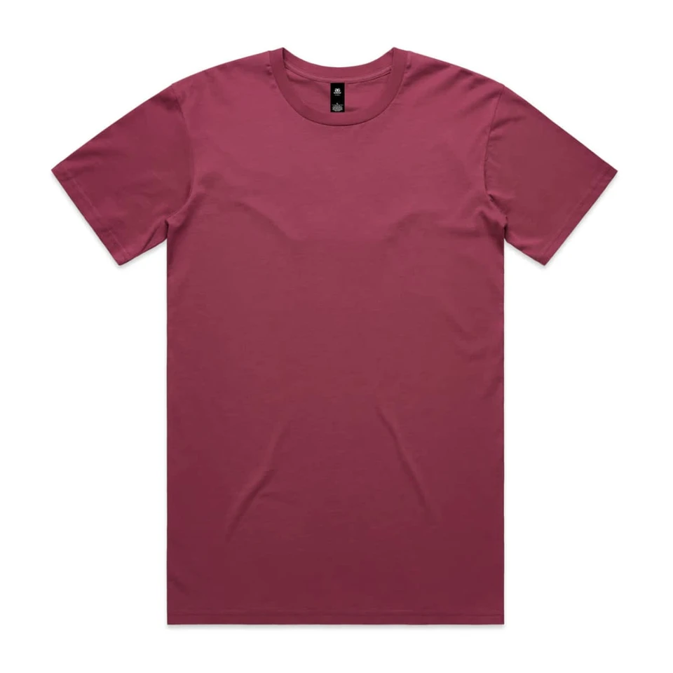 A maroon T-shirt with a round neck and short sleeves, featuring a logo in the neckline area.