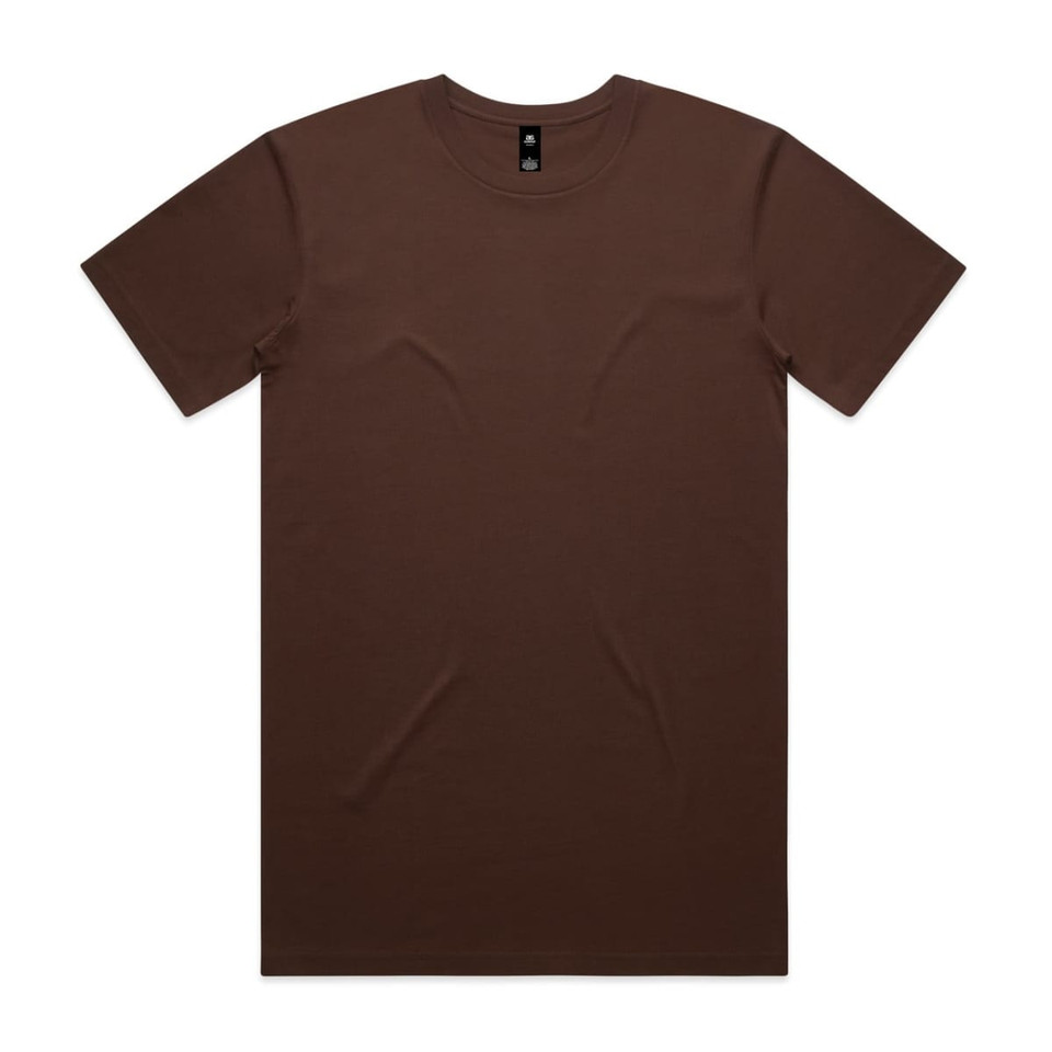 A brown t-shirt with short sleeves and a round neckline, featuring a logo on the tag.