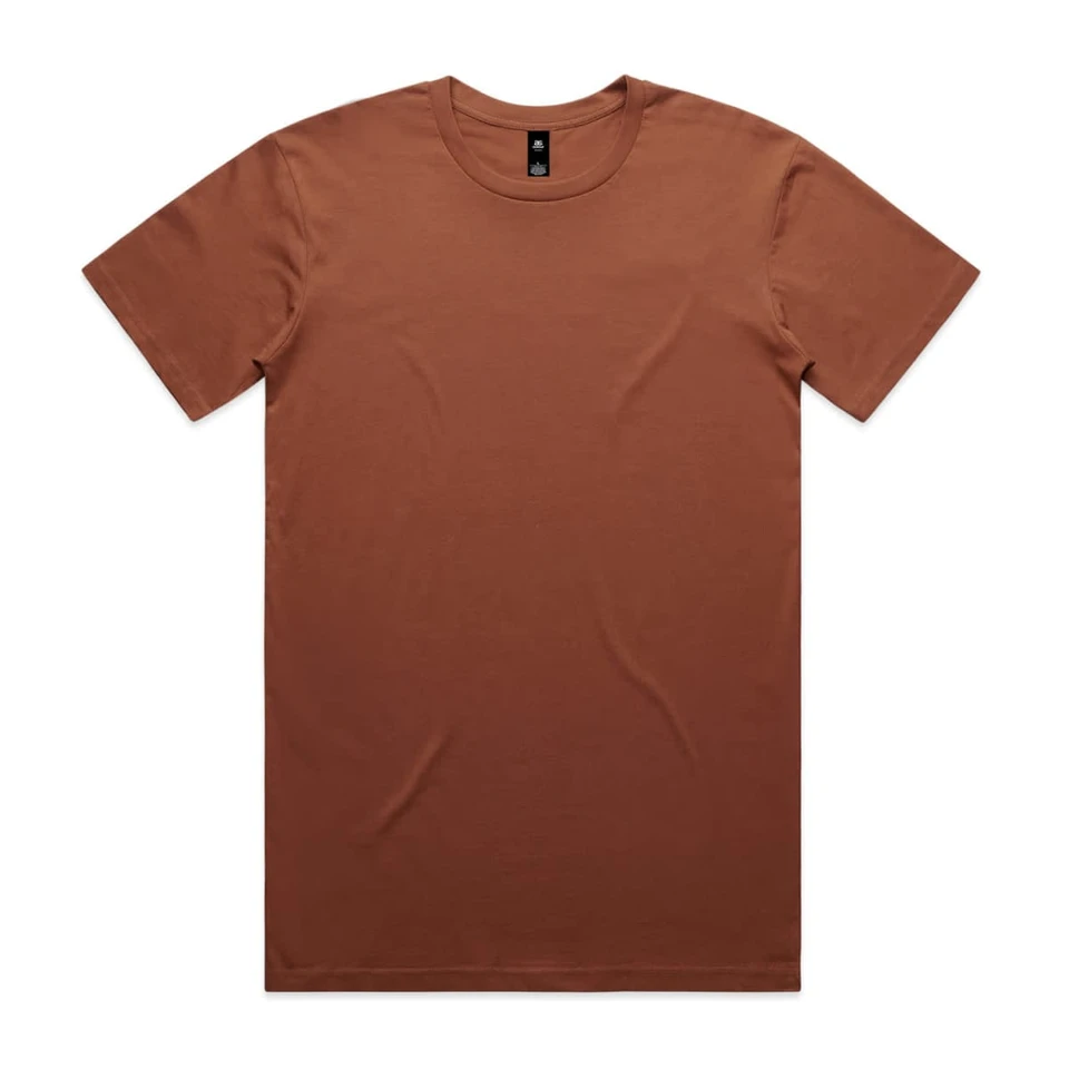 A brown T-shirt with a crew neck and short sleeves, featuring a logo label inside the collar.