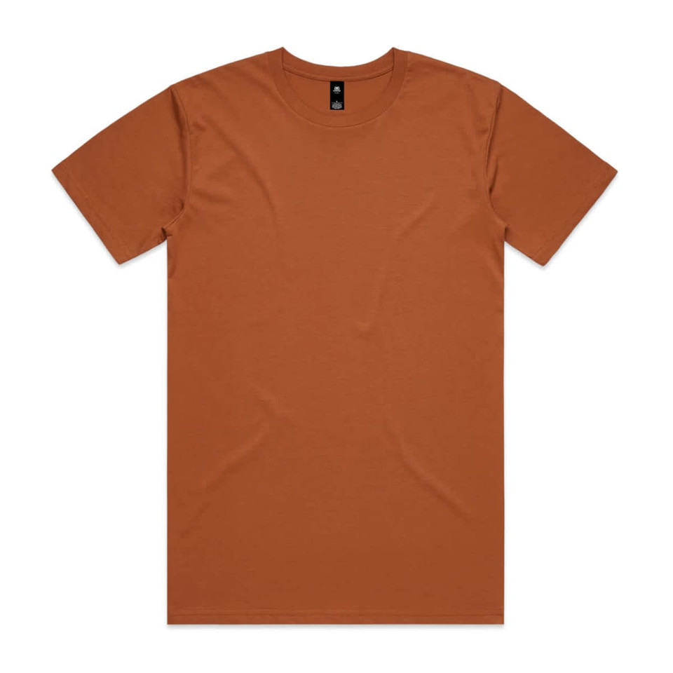 A plain brown T-shirt with a round neckline and short sleeves, featuring a small logo at the collar.