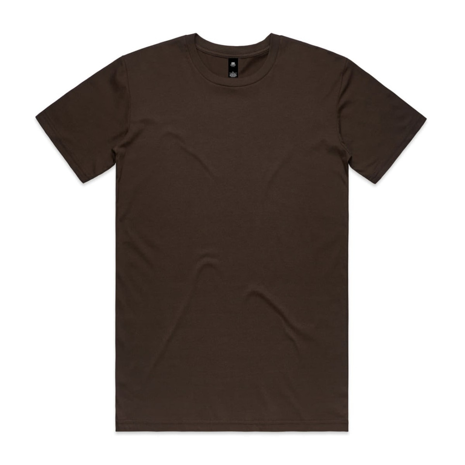 A brown T-shirt with a crew neck and short sleeves. The shirt features a logo at the neck.